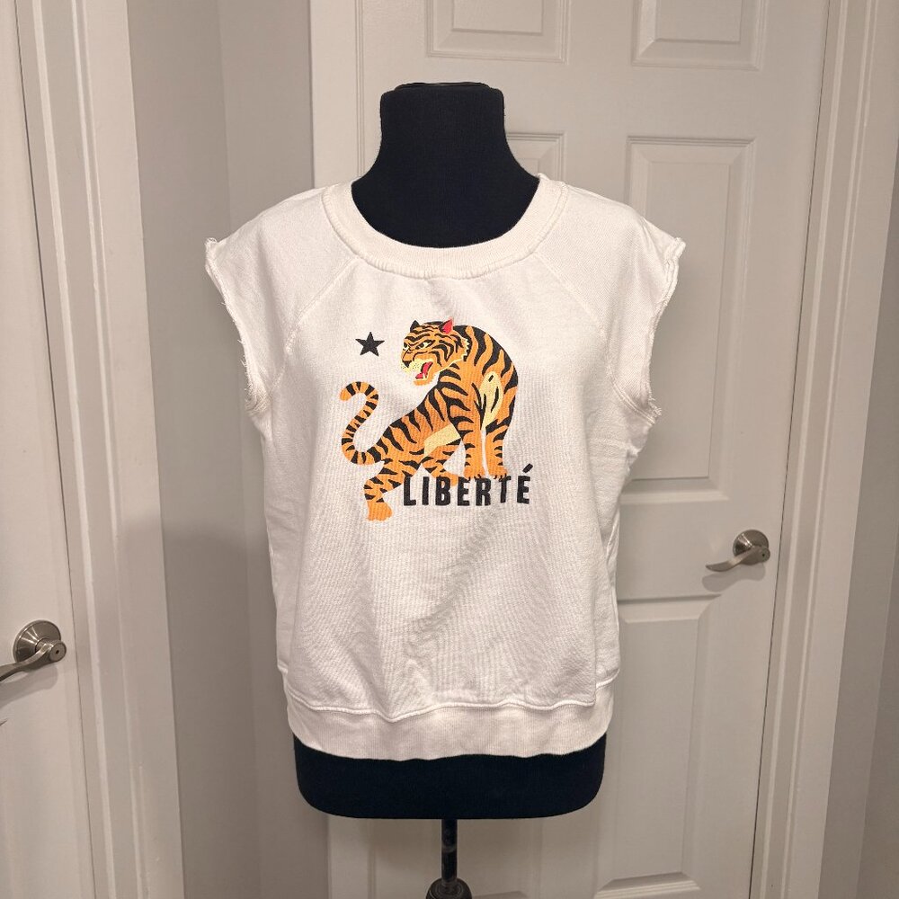 T.LA White Sleeveless Tiger "Liberte" Sweatshirt, 100% Cotton, Sz S
